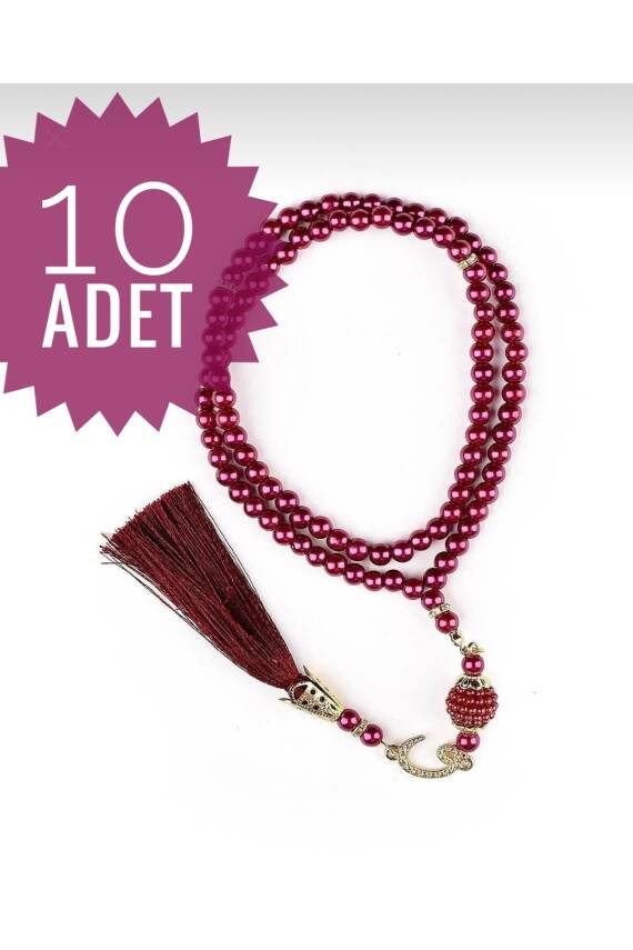 10 Adet 99'luk Inci Tesbih Çeyizlik, Hediyelik, Bohçalık (BORDO) - 1