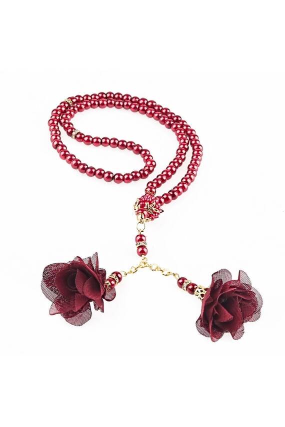 10 Adet Gül Püsküllü 99'luk Inci Tesbih Çeyizlik, Hediyelik, Bohçalık (BORDO) - 1