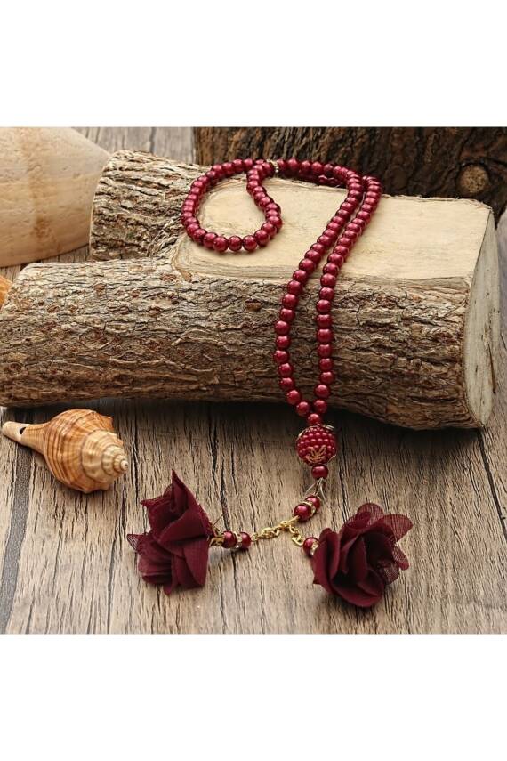 10 Adet Gül Püsküllü 99'luk Inci Tesbih Çeyizlik, Hediyelik, Bohçalık (BORDO) - 2