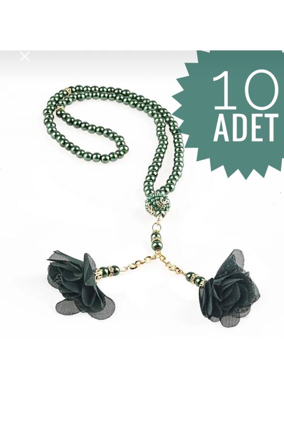 10 Adet Gül Püsküllü 99'luk Inci Tesbih Çeyizlik, Hediyelik, Bohçalık (YEŞİL) - 1