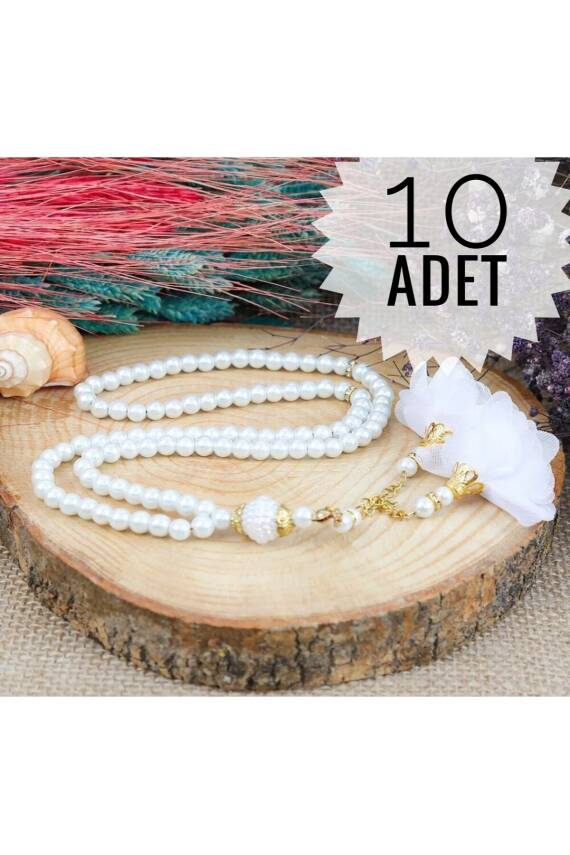 10 Adet Gül Püsküllü 99'luk Inci Tesbih Çeyizlik, Hediyelik, Bohçalık (KREM) - 1