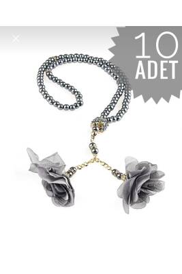 10 Adet Gül Püsküllü 99'luk Inci Tesbih Çeyizlik, Hediyelik, Bohçalık (Gri)