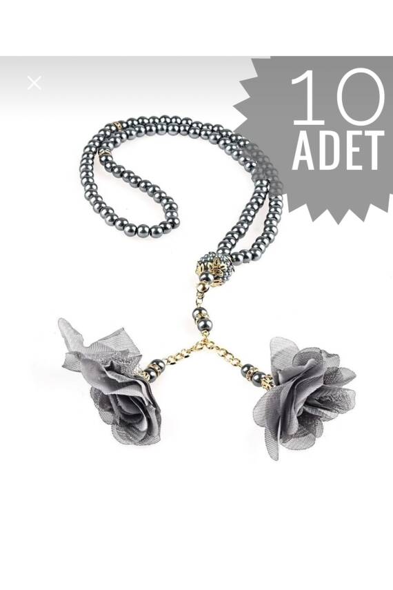 10 Adet Gül Püsküllü 99'luk Inci Tesbih Çeyizlik, Hediyelik, Bohçalık (Gri) - 1