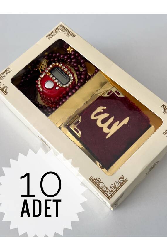 10 Adet Hediyelik Çeyizlik Kutulu Mini Kur'an-ı Kerim Tesbih Ve Taşlı Zikirmatik Setimiz Bordo () - 1