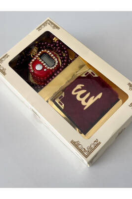 10 Adet Hediyelik Çeyizlik Kutulu Mini Kur'an-ı Kerim Tesbih Ve Taşlı Zikirmatik Setimiz Bordo () - 2