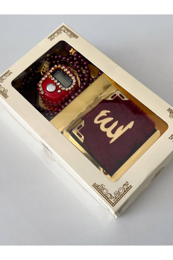 10 Adet Hediyelik Çeyizlik Kutulu Mini Kur'an-ı Kerim Tesbih Ve Taşlı Zikirmatik Setimiz Bordo () - 2