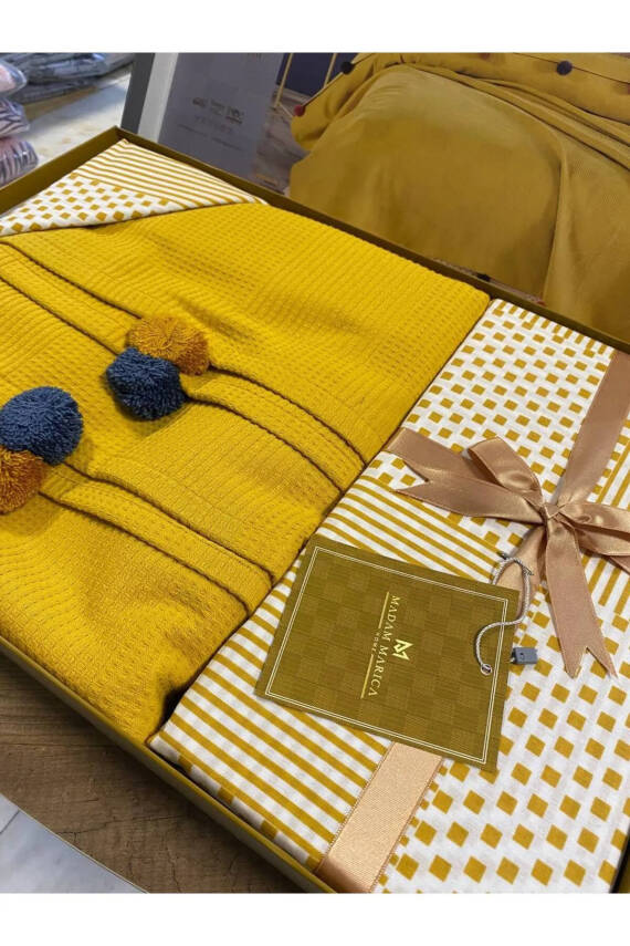 %100 Pamuklu Çift Kişilik Yatak Örtüsü Pike, Waffle Desen, Ponponlu Pike Takımı (HARDAL) - 1