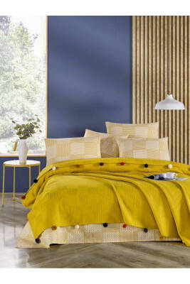 %100 Pamuklu Çift Kişilik Yatak Örtüsü Pike, Waffle Desen, Ponponlu Pike Takımı (HARDAL) - 2