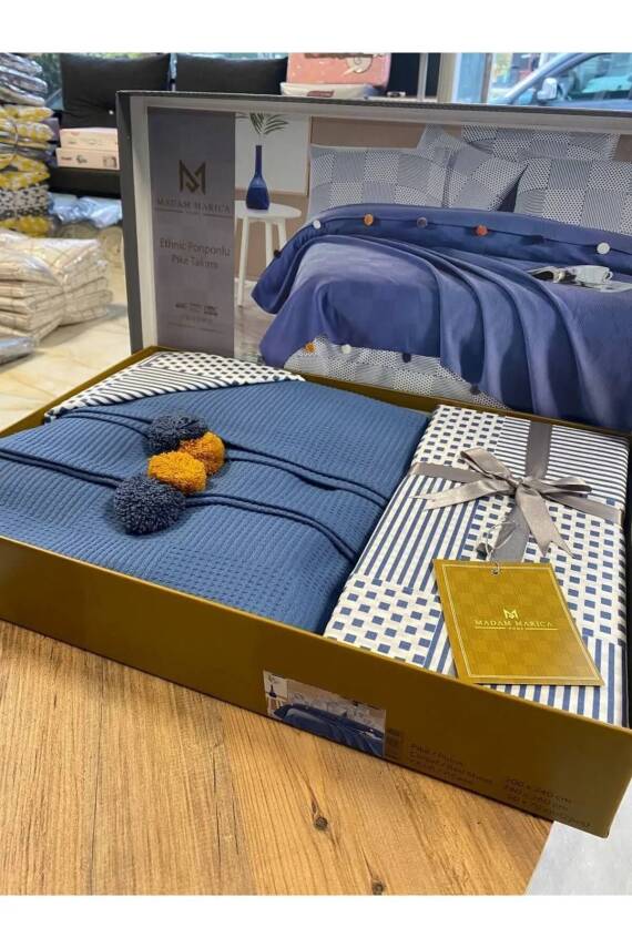 %100 Pamuklu Çift Kişilik Yatak Örtüsü Pike, Waffle Desen, Ponponlu Pike Takımı (İNDİGO) - 1