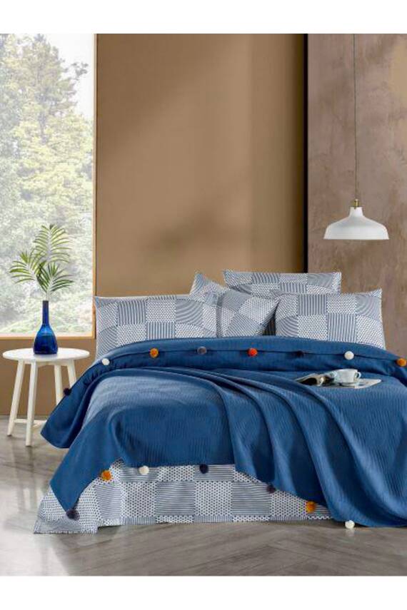 %100 Pamuklu Çift Kişilik Yatak Örtüsü Pike, Waffle Desen, Ponponlu Pike Takımı (İNDİGO) - 2
