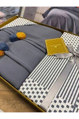 %100 Pamuklu Çift Kişilik Yatak Örtüsü Pike, Waffle Desen, Ponponlu Pike Takımı (GRİ) 