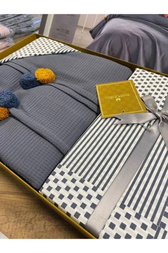 %100 Pamuklu Çift Kişilik Yatak Örtüsü Pike, Waffle Desen, Ponponlu Pike Takımı (GRİ) - 1