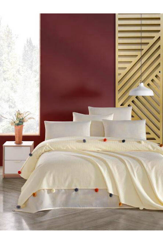 %100 Pamuklu Tek Kişilik Yatak Örtüsü Pike, Waffle Desen, Ponponlu Pike Takımı (Krem) - 1