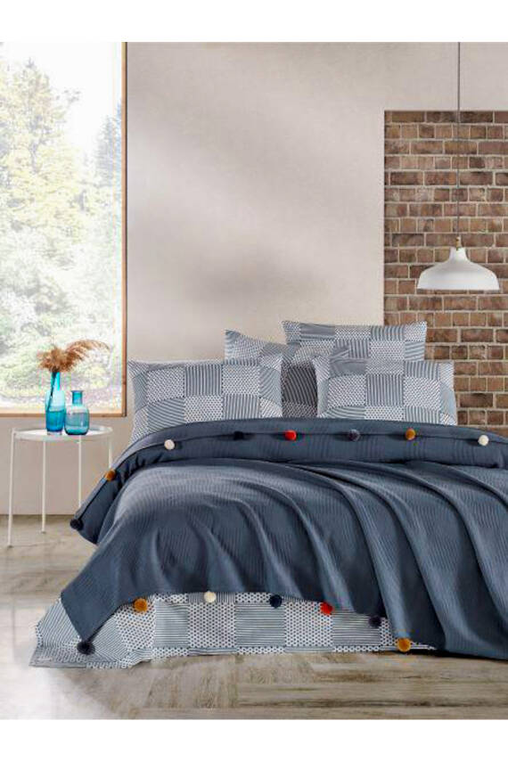 %100 Pamuklu Tek Kişilik Yatak Örtüsü Pike, Waffle Desen, Ponponlu Pike Takımı (Gri) - 1