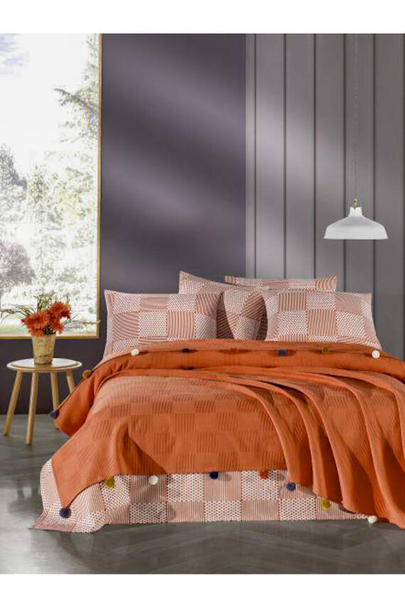 %100 Pamuklu Tek Kişilik Yatak Örtüsü Pike, Waffle Desen, Ponponlu Pike Takımı (Kiremit) - 1