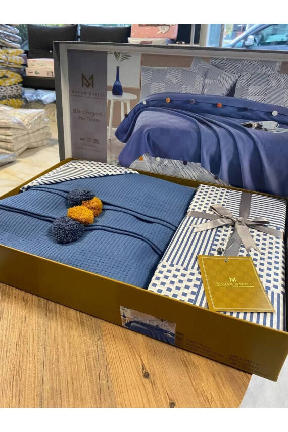 %100 Pamuklu Tek Kişilik Yatak Örtüsü Pike, Waffle Desen, Ponponlu Pike Takımı (İndigo) - 2