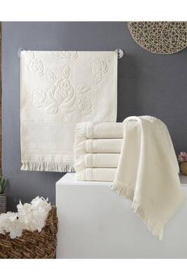 12 Adet 30x50 Etamın Jakarlı Sacaklı Krem Mutfak Havlusu Kanavice Işlemelik (KREM)