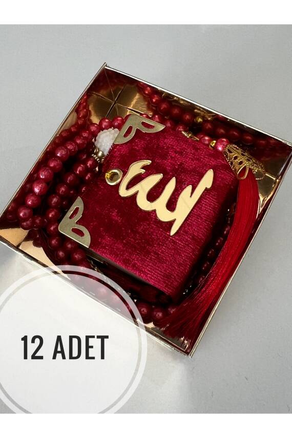 12 Adet Hediyelik Çeyizlik Mini Kuran Ve Inci Tesbih Seti (Kırmızı) - 1