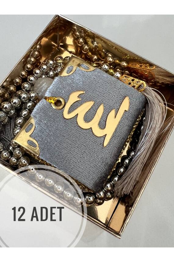 12 Adet Hediyelik Çeyizlik Mini Kuran Ve Inci Tesbih Seti (Gri) - 1