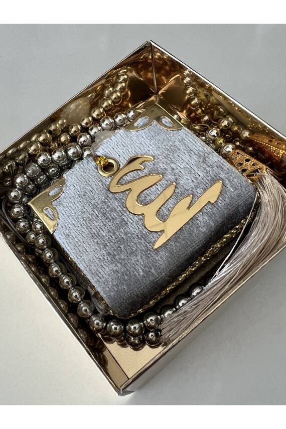 12 Adet Hediyelik Çeyizlik Mini Kuran Ve Inci Tesbih Seti (Gri) - 2