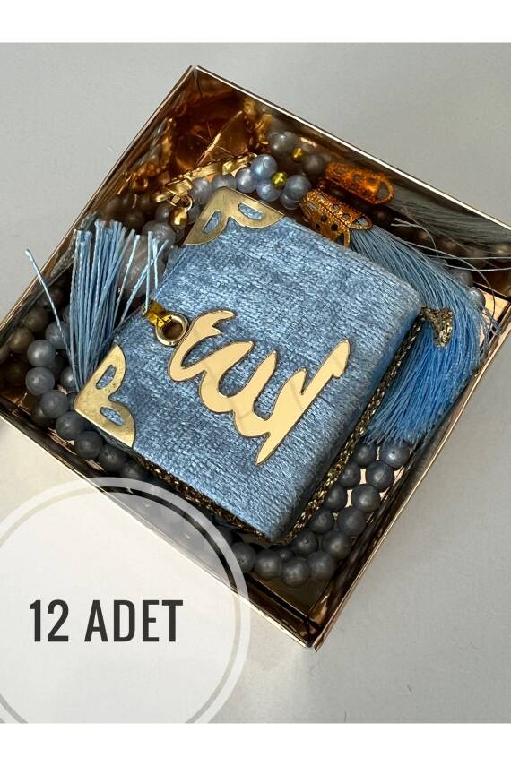 12 Adet Hediyelik Çeyizlik Mini Kuran Ve Inci Tesbih Seti (Mavi) - 1
