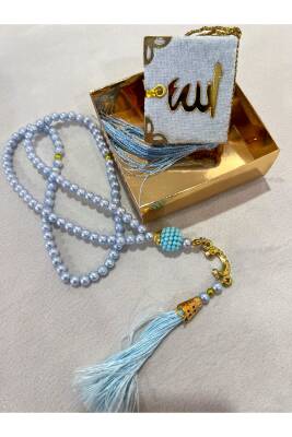 12 Adet Hediyelik Çeyizlik Mini Kuran Ve Inci Tesbih Seti (Mavi) - 2