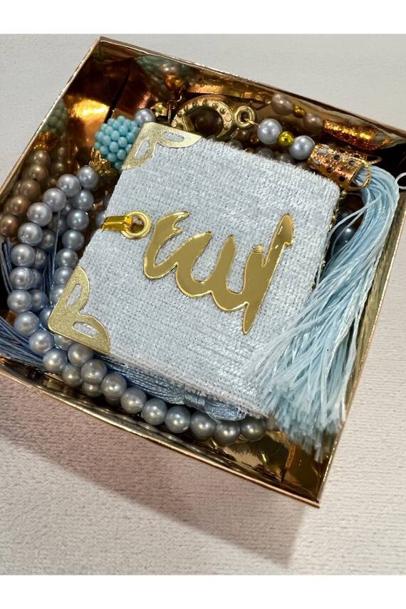 12 Adet Hediyelik Çeyizlik Mini Kuran Ve Inci Tesbih Seti (Mavi) - 3