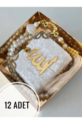 12 Adet Hediyelik Çeyizlik Mini Kuran Ve Inci Tesbih Seti (Krem)