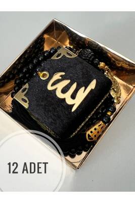 12 Adet Hediyelik Çeyizlik Mini Kuran Ve Inci Tesbih Seti (Siyah)