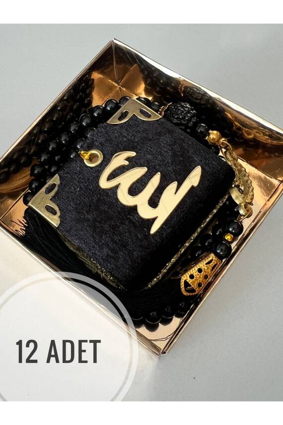12 Adet Hediyelik Çeyizlik Mini Kuran Ve Inci Tesbih Seti (Siyah) - 1