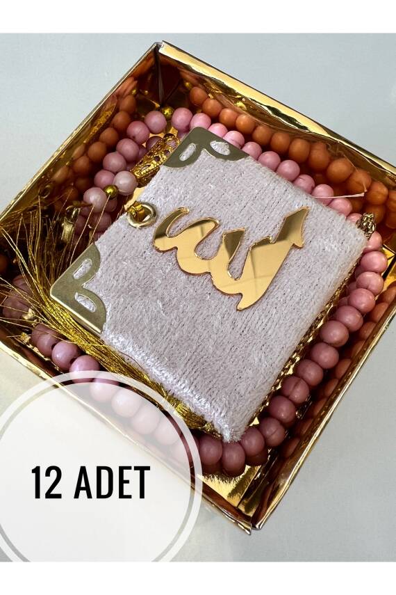 12 Adet Hediyelik Çeyizlik Mini Kuran Ve Inci Tesbih Seti (Pembe) - 1