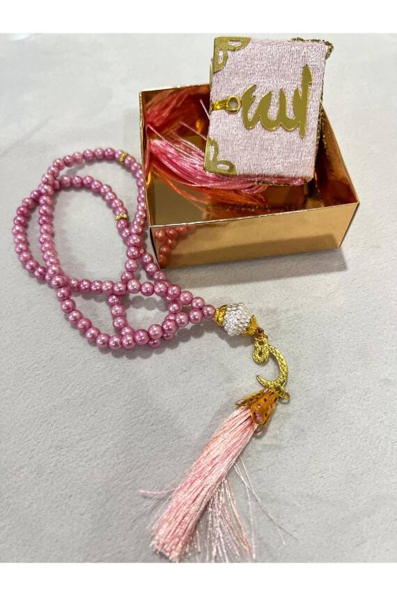 12 Adet Hediyelik Çeyizlik Mini Kuran Ve Inci Tesbih Seti (Pembe) - 3