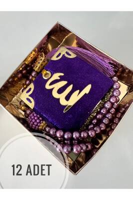 12 Adet Hediyelik Çeyizlik Mini Kuran Ve Inci Tesbih Seti (Mor) 