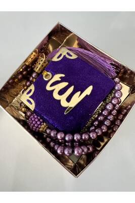 12 Adet Hediyelik Çeyizlik Mini Kuran Ve Inci Tesbih Seti (Mor) - 3