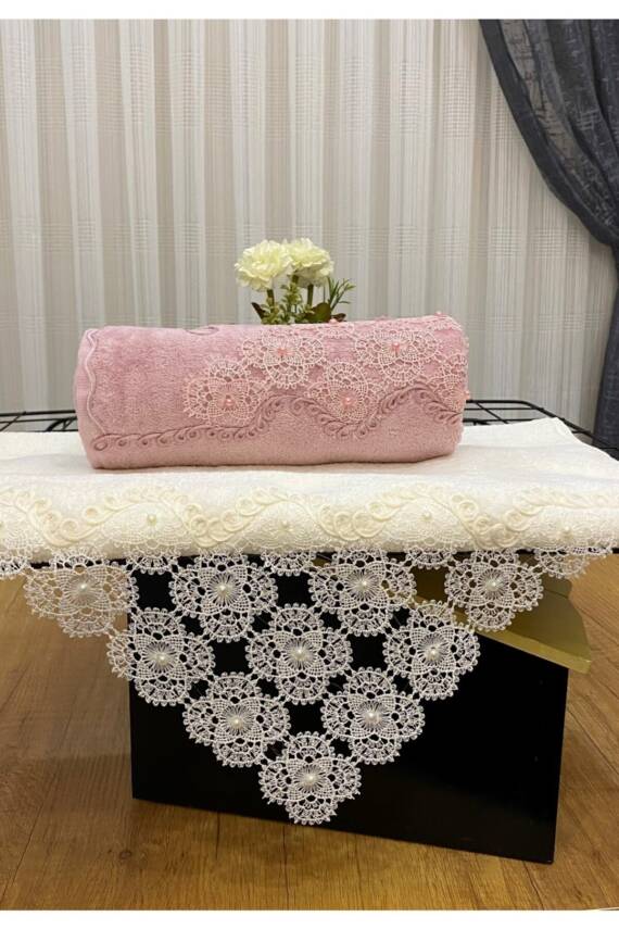 2'li 50x90 Pamuklu Kadife Iğne Oyası Motifli El Yüz Havlusu (Pembe) - 1