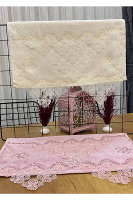 2'li 50x90 Pamuklu Kadife Iğne Oyası Motifli El Yüz Havlusu (Pembe) - 2