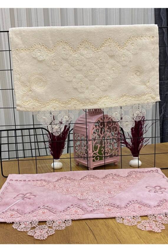 2'li 50x90 Pamuklu Kadife Iğne Oyası Motifli El Yüz Havlusu (Pembe) - 2
