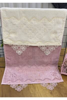 2'li 50x90 Pamuklu Kadife Iğne Oyası Motifli El Yüz Havlusu (Pembe) - 3