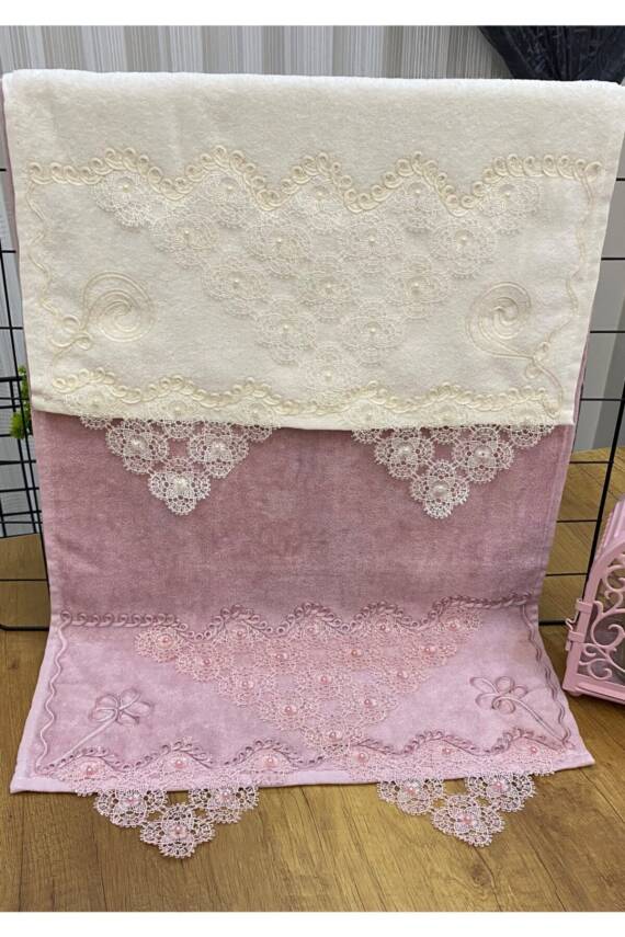 2'li 50x90 Pamuklu Kadife Iğne Oyası Motifli El Yüz Havlusu (Pembe) - 3
