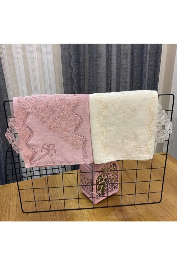 2'li 50x90 Pamuklu Kadife Iğne Oyası Motifli El Yüz Havlusu (Pembe) - 4