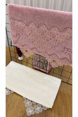 2'li 50x90 Pamuklu Kadife Iğne Oyası Motifli El Yüz Havlusu (Pembe) - 5