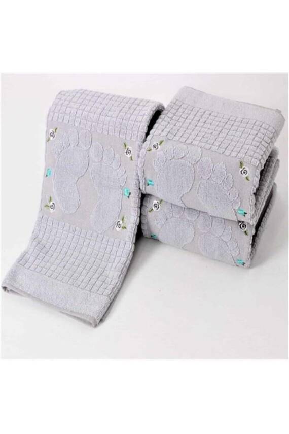 3 Adet Gri Renk Nakışlı Ayak Havlusu %100 Pamuk Ölçü:50x70 (GRİ) - 1