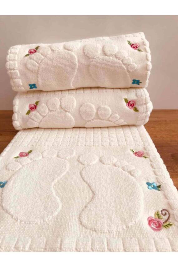 3 Adet Krem Nakışlı Ayak Havlusu %100 Pamuk Ölçü: 50x70 (KREM) - 1