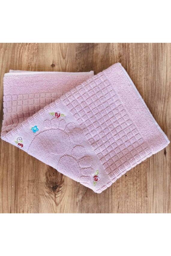 3 Adet Pudra Renk Nakışlı Ayak Havlusu %100 Pamuk Ölçü:50x70 (PUDRA) - 4