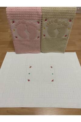 3 Adet Pudra*krem*kahve Renk Nakışlı Ayak Havlusu %100 Pamuk Ölçü:50x70 (KAHVERENGİ) - 2