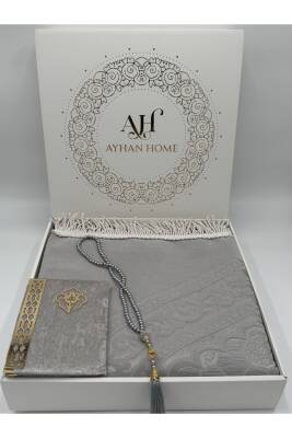 3 Parça Özel Kutulu Dokuma Burgu Saçaklı Seccade Takımı (Gri) 