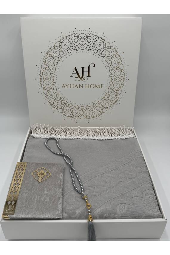 3 Parça Özel Kutulu Dokuma Burgu Saçaklı Seccade Takımı (Gri) - 1