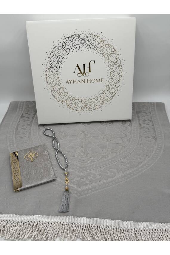 3 Parça Özel Kutulu Dokuma Burgu Saçaklı Seccade Takımı (Gri) - 2