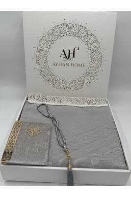 3 Parça Özel Kutulu Dokuma Burgu Saçaklı Seccade Takımı (Gri) - 3