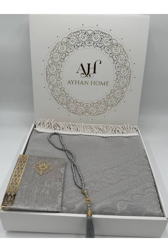 3 Parça Özel Kutulu Dokuma Burgu Saçaklı Seccade Takımı (Gri) - 3